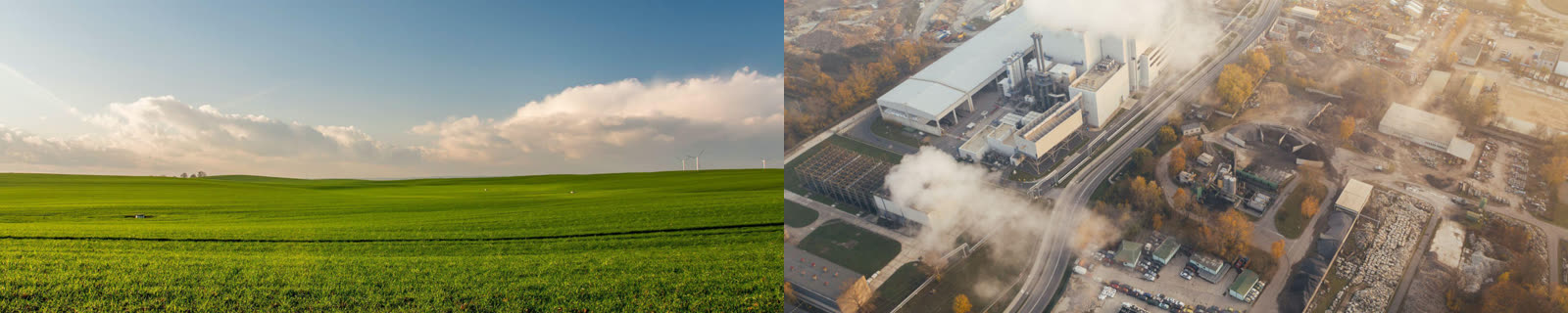 A green meadow under a clear sky next to an aerial view of a smoking industrial plant