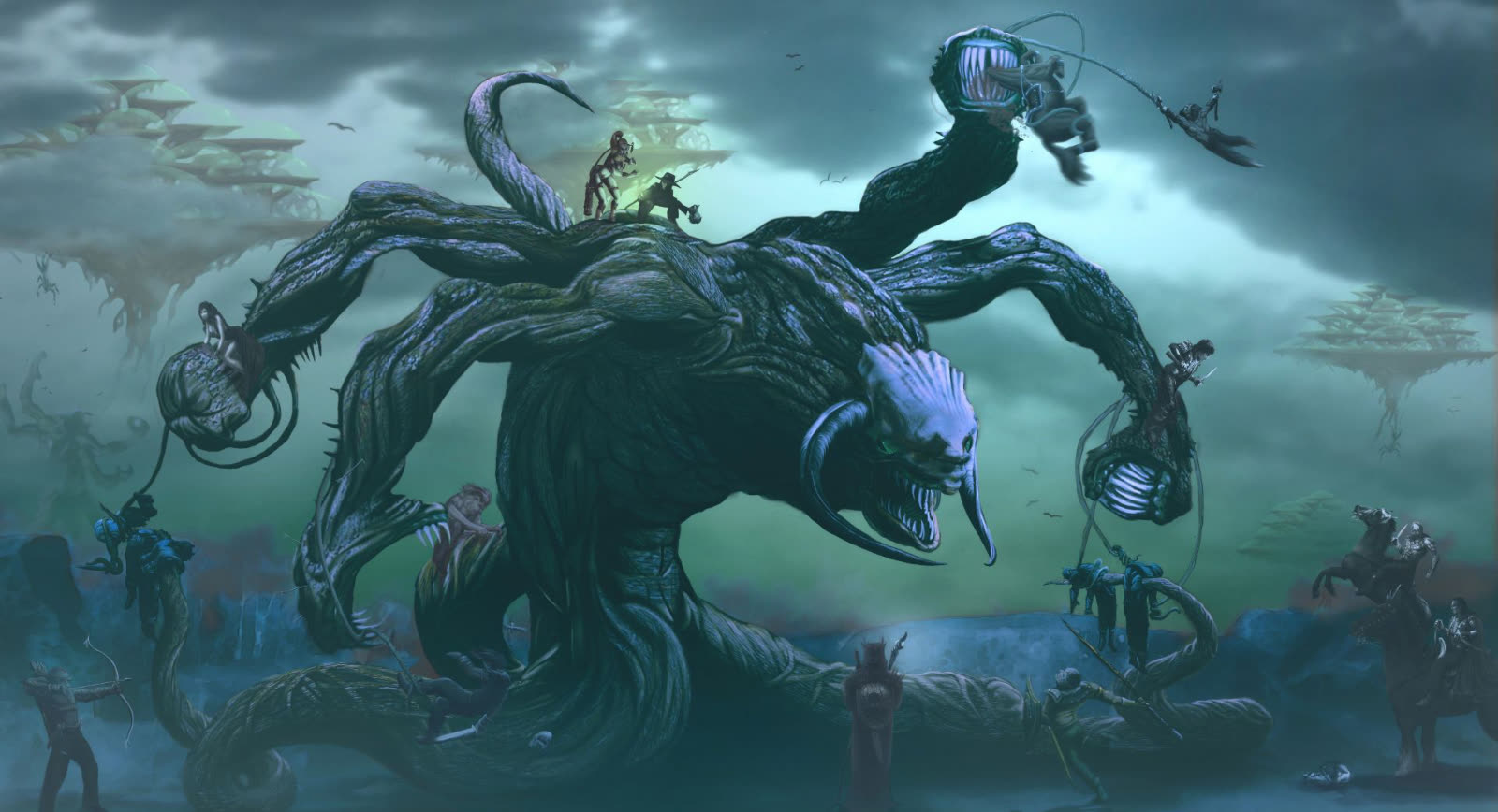 A huge tentacled monster fighting a crowd of tiny adventurers