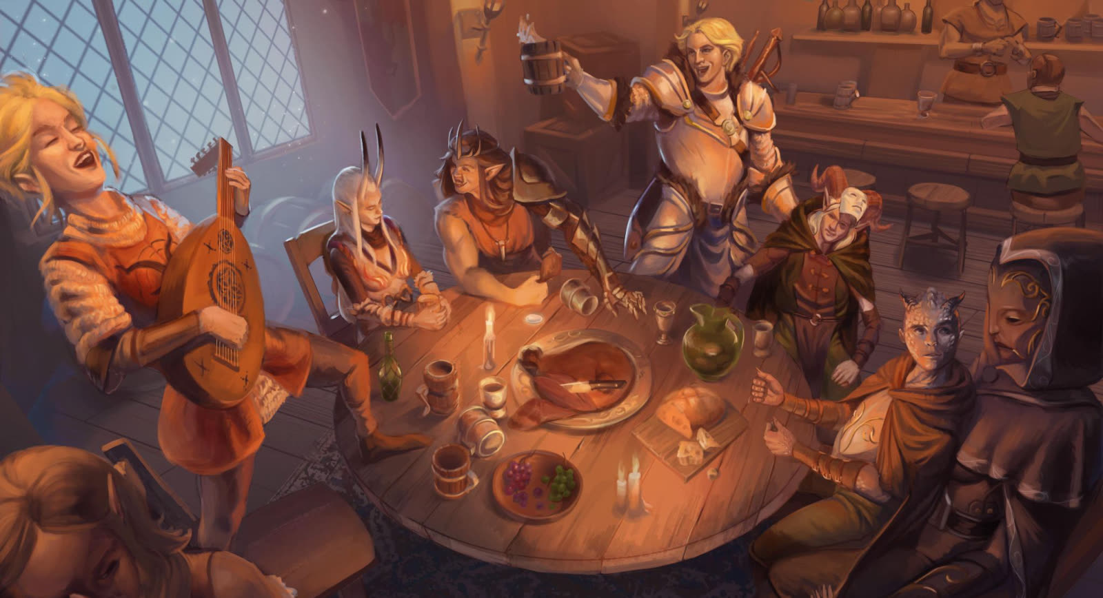 A fantasy adventuring party celebrating around a tavern table