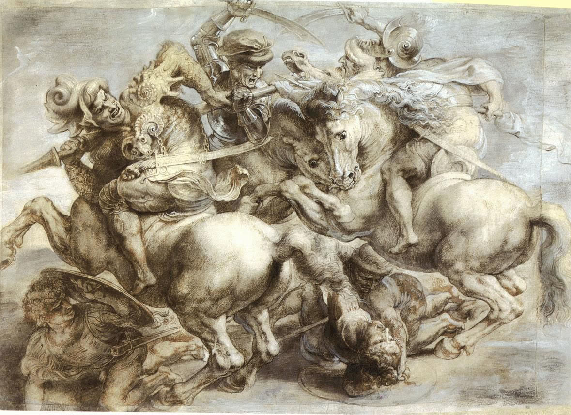 A chaotic battle scene of horsemen fighting over a standard, their horses rearing and tangled together