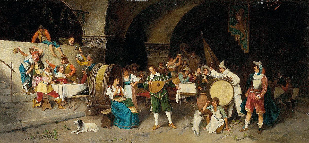 A painting of a lively tavern scene, with musicians, dancers, and drinkers gathered around barrels under a stone arch