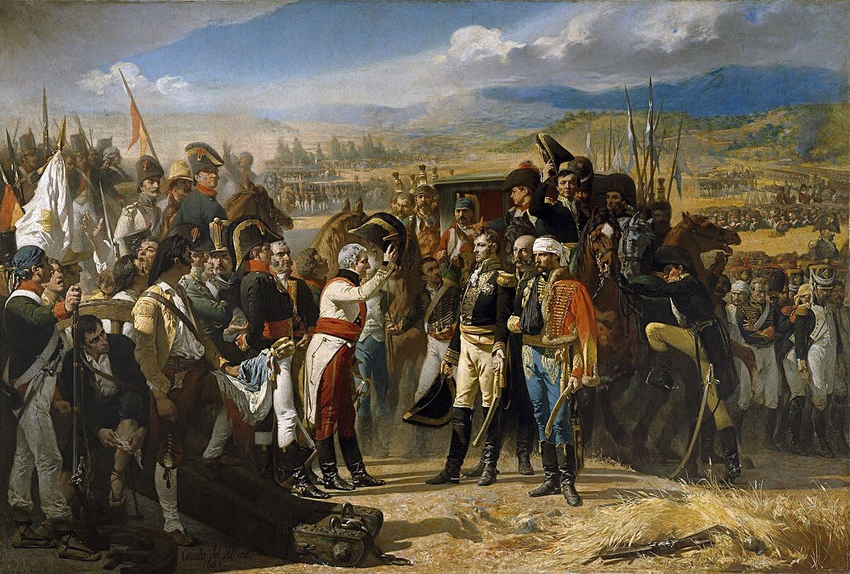 A crowd of soldiers in a formal ceremony where a defeated general bows before the victors