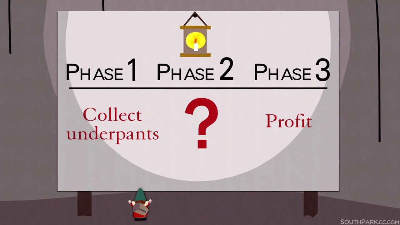 A South Park gnome in front of a chart that reads: Phase 1, collect underpants; Phase 2, a big question mark; Phase 3, profit