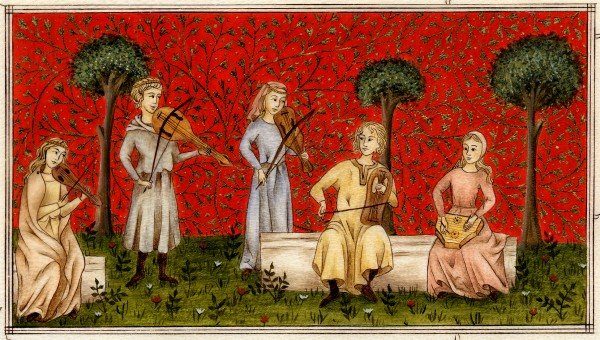 A medieval illustration of minstrels playing the fiddle and the lute in a garden