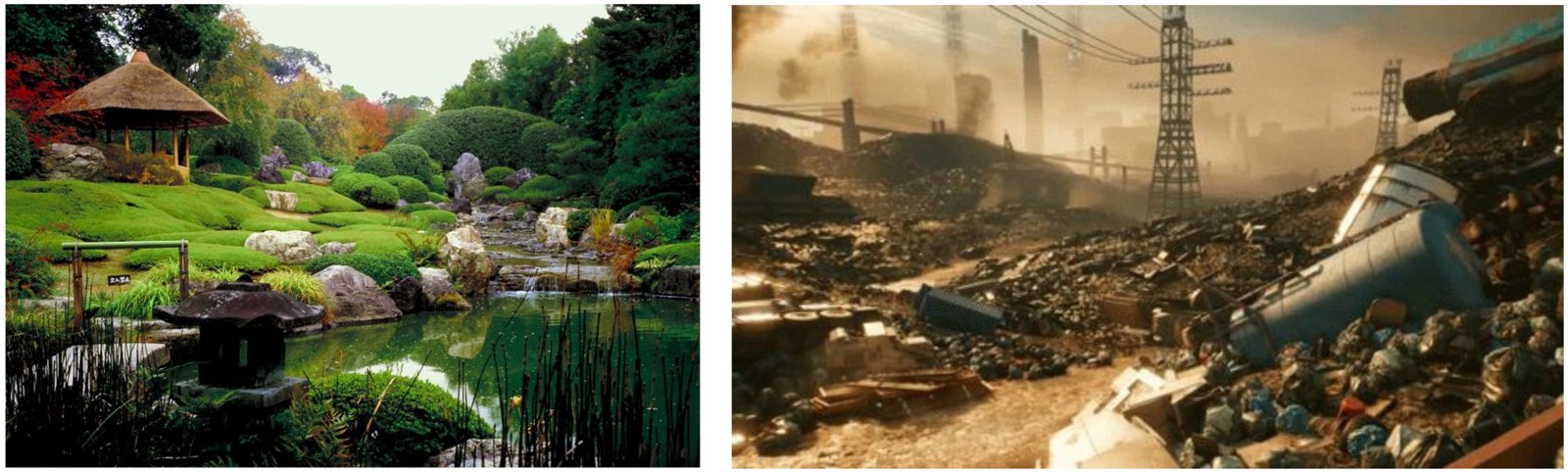Side by side: a lush Japanese garden with a pond and a thatched pavilion, and a smoky landfill full of scrap and debris under power pylons