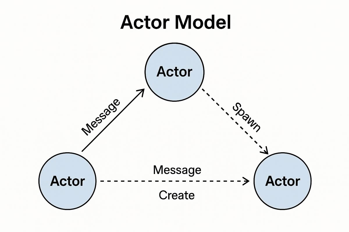 Three actors drawn as circles: one sends a message to another, which spawns a third, and the first also sends a message to the third