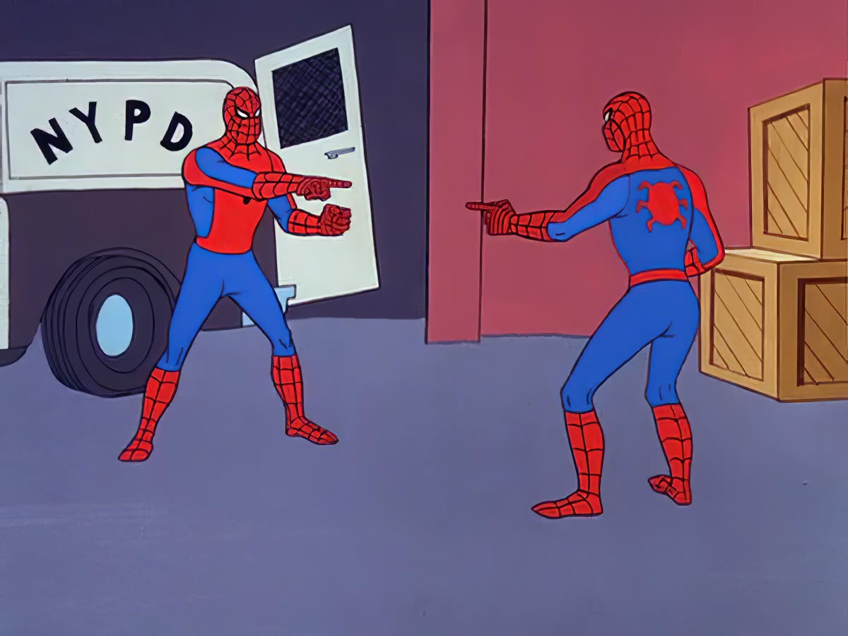 The meme of two identical Spider-Men pointing at each other