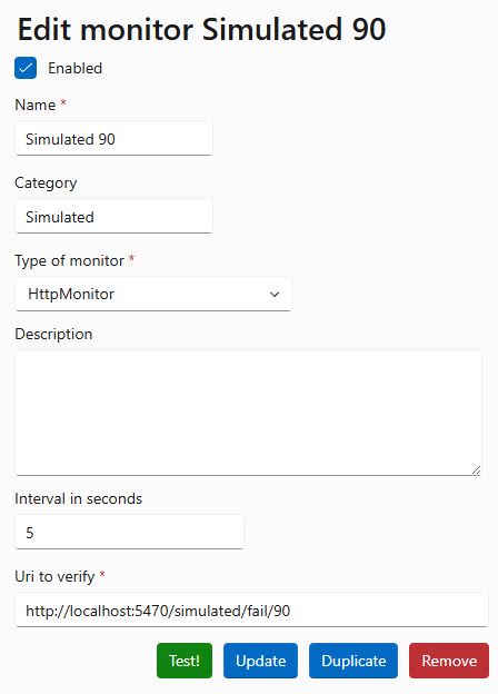 The form to edit a monitor: name, category, type of monitor, description, interval in seconds and the URI to verify, with Test, Update, Duplicate and Remove buttons