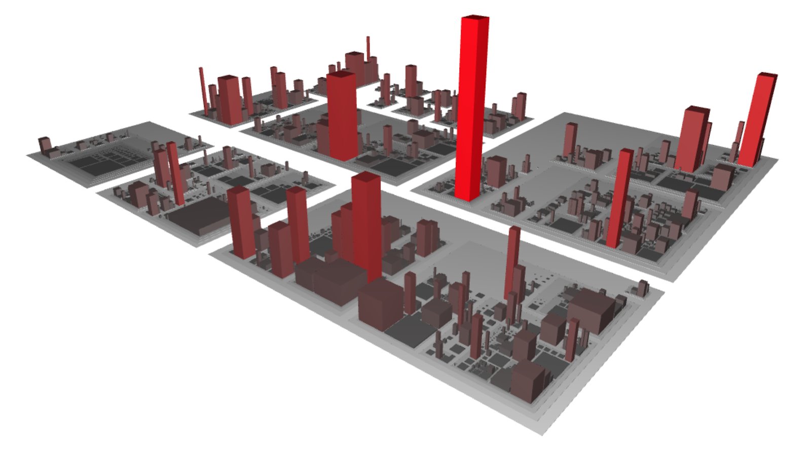 CodeCity rendering of a code base as a 3D city, with a few tall red buildings standing out