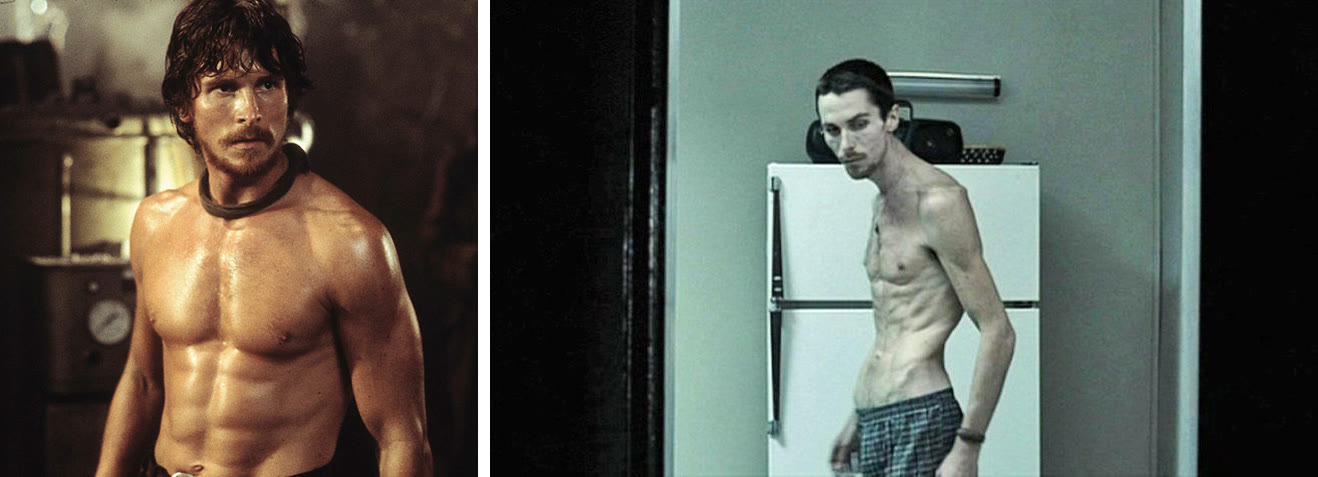 Two photos of Christian Bale side by side: muscular on the left, extremely thin in The Machinist on the right