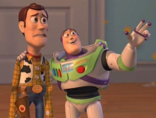 Buzz Lightyear pointing into the distance with his arm around a worried Woody