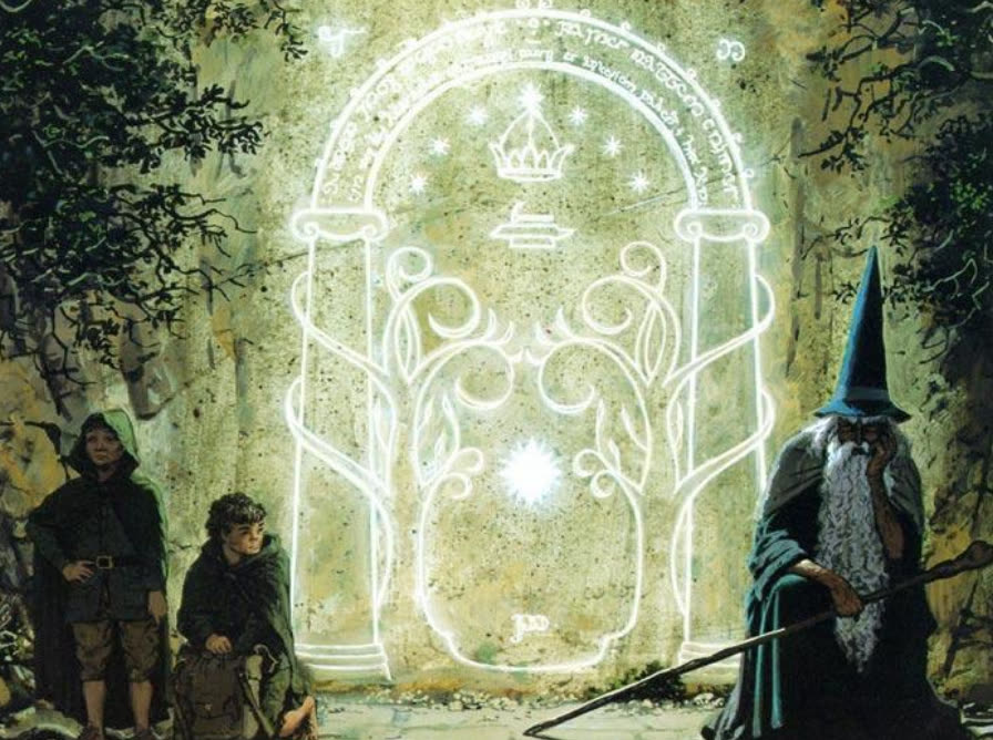 Gandalf and two hobbits sitting in front of the closed Doors of Durin, the west gate of Moria