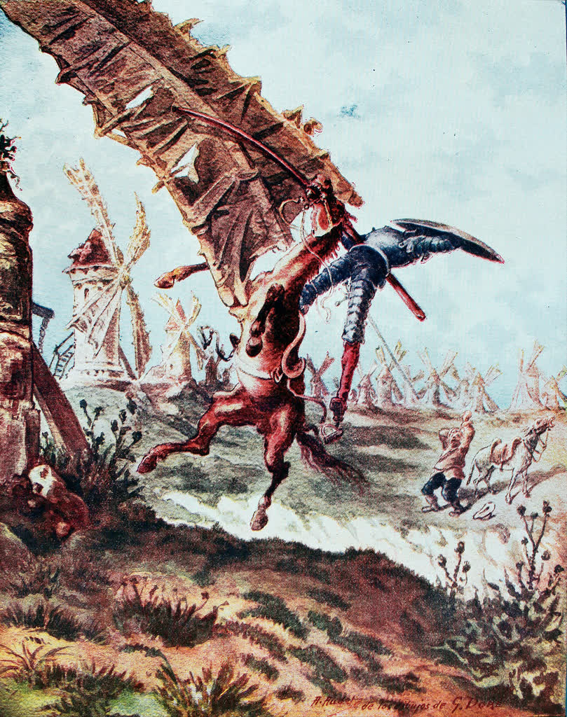 An illustration of Don Quixote and his horse lifted into the air by the sail of a windmill