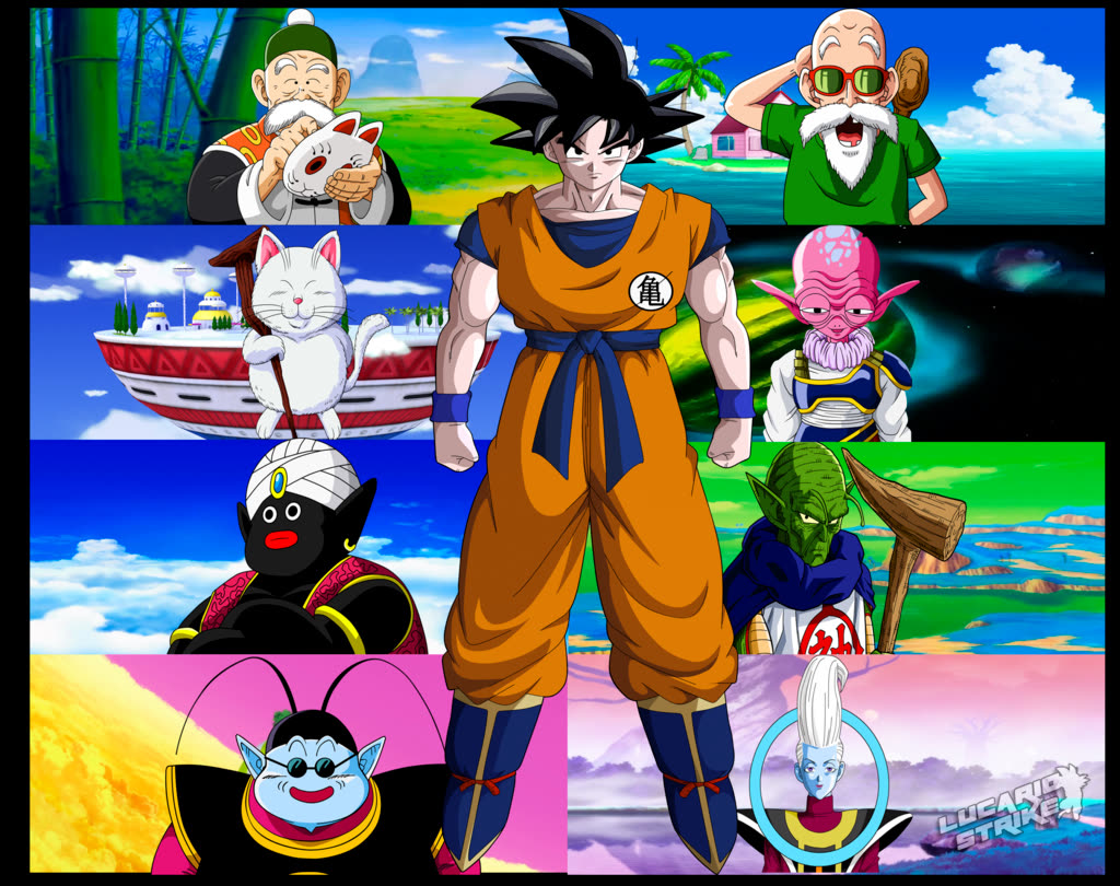Goku from Dragon Ball surrounded by the masters who trained him over the series, Master Roshi and King Kai among them